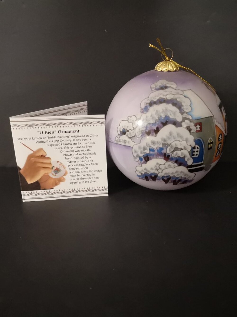 Pier 1 Imports Li Bien Glass Christmas Tree Ornament w/ Winter Village Scene